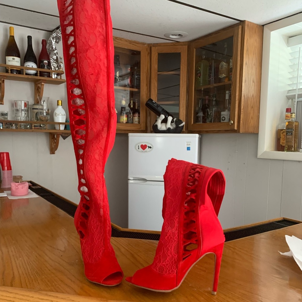 Thigh high Red lace and suede boots